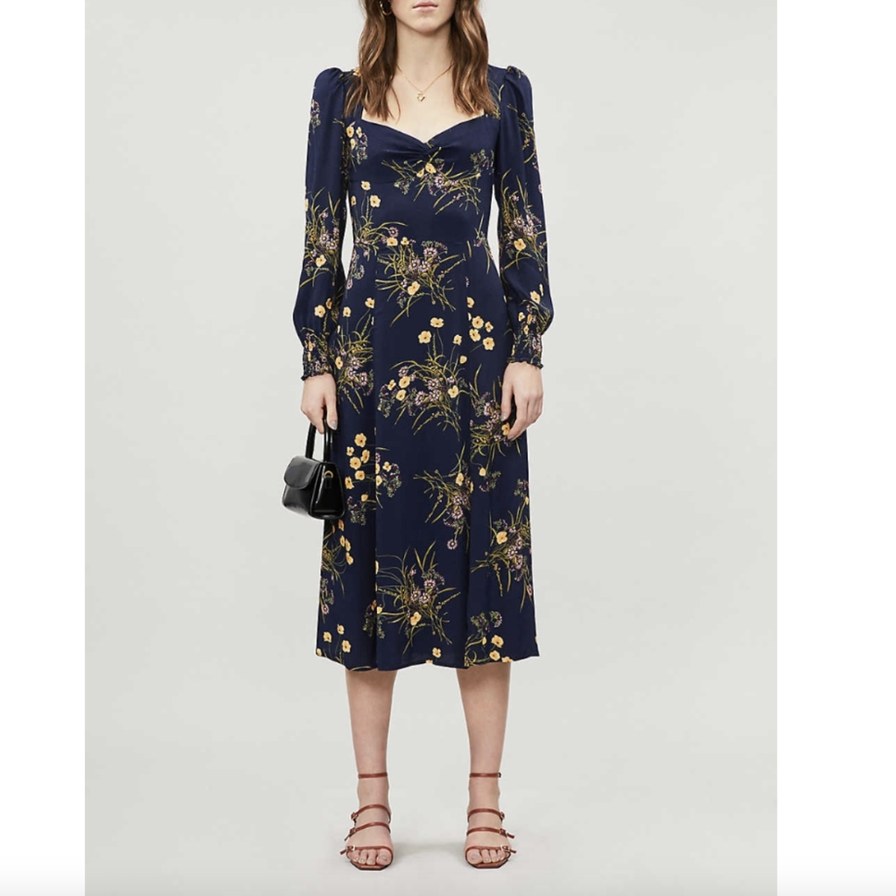 NWT Reformation Wallflower Floral Print Crepe Midi Dress In Blue